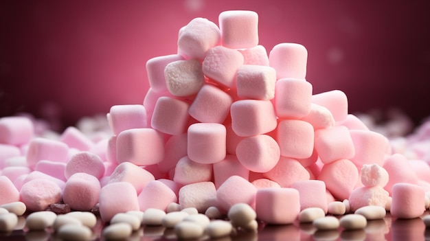 Pirámide de caramelos de malvavisco sobre fondo rosa