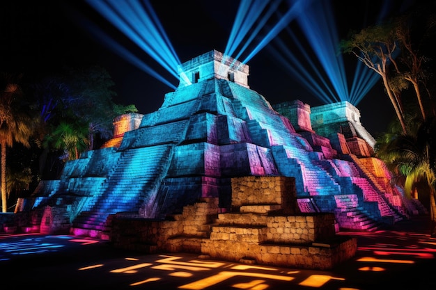 La pirámide de Chichén Itzá, Yucatán, México, una imagen impresionante de un sitio ceremonial maya iluminado por luces brillantes y vibrantes que se extienden desde la estructura Generada por IA