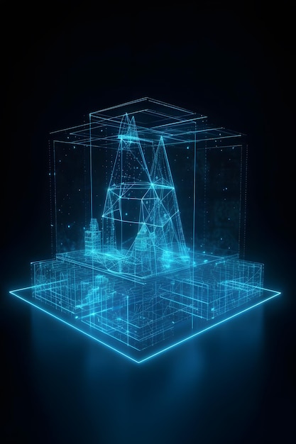 Pirámide de ciencia ficción y torre de magos en representación 3D detallada sobre fondo de plano holográfico