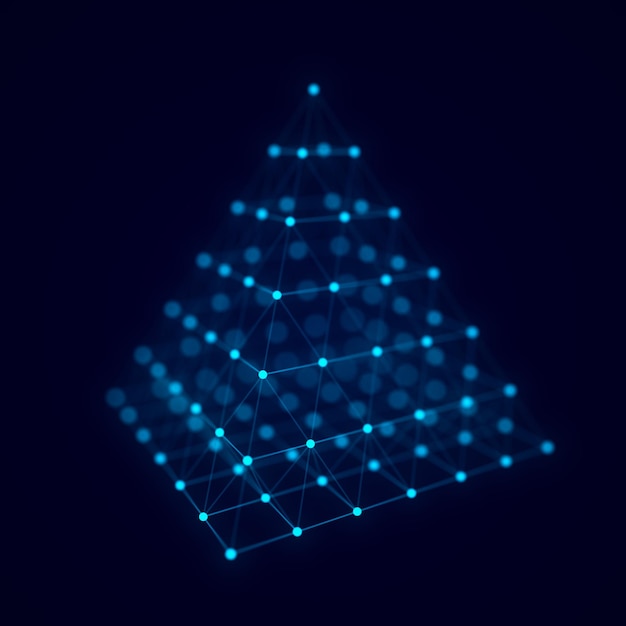 Foto pirâmide colorida com pontos e linhas de conexão forma geométrica 3d modelo isolado realista renderização 3d