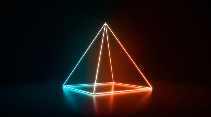 Foto la pirámide colorida de neón brillante se encuentra en la oscuridad.