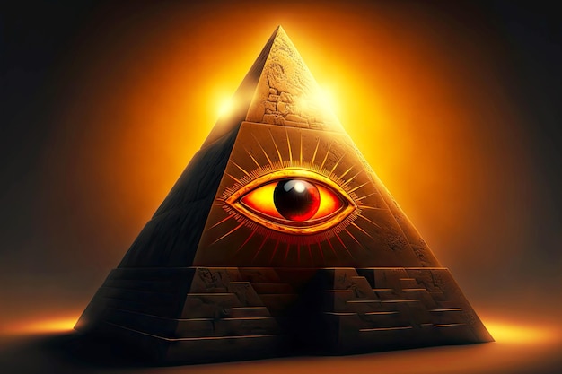Pirâmide com luz de fundo solar e olho laranja brilhante