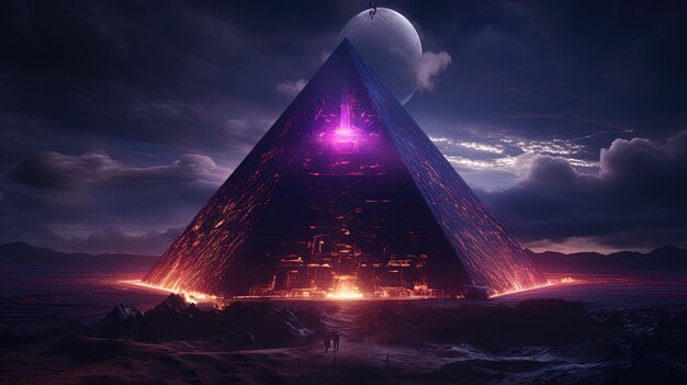pirâmide com uma lua ao fundo