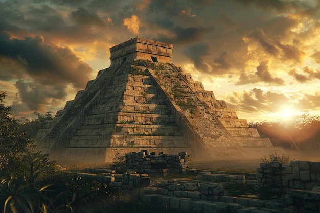 Foto pirâmide de chichen itza ao nascer do sol