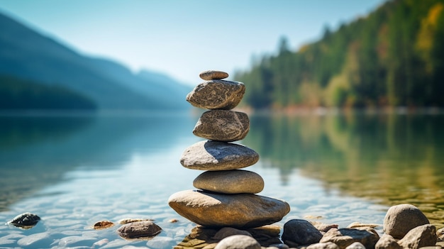 Pirâmide de pedras na margem de um lago de montanha conceito Zen