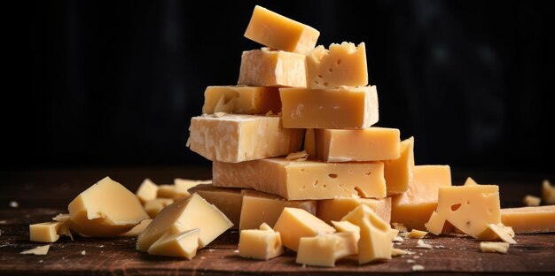 Foto pirâmide de queijo com pedaços de queijo em uma tábua de madeira em um fundo preto