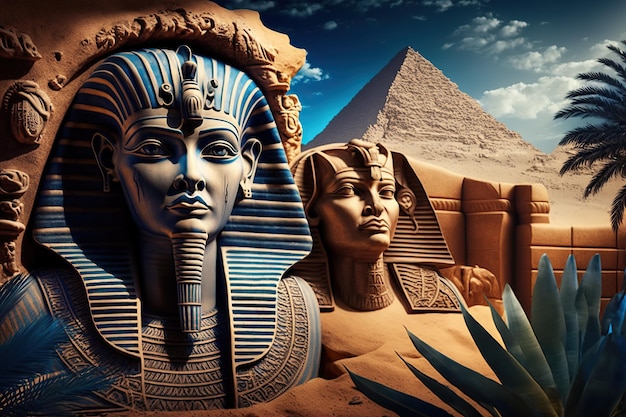 Una pirámide y estatuas de hombres egipcios