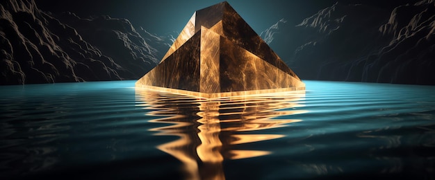 Una pirámide flotando en el agua con montañas al fondo.