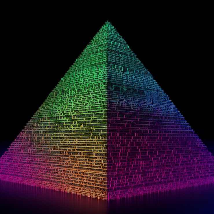 Foto una pirámide de ladrillos de colores brillantes sobre un fondo negro ai generativo