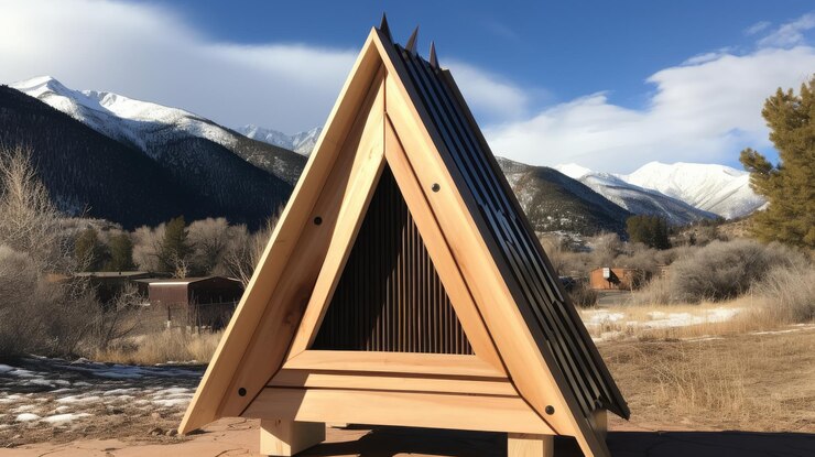 Foto pirámide de madera en un paisaje montañoso nevado