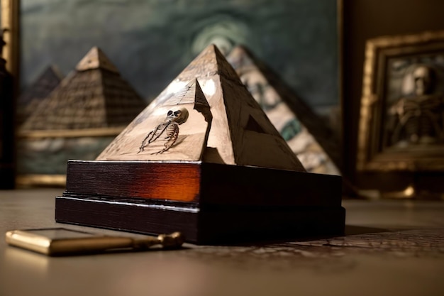 Una pirámide de madera sentada encima de una mesa junto a un teléfono celular