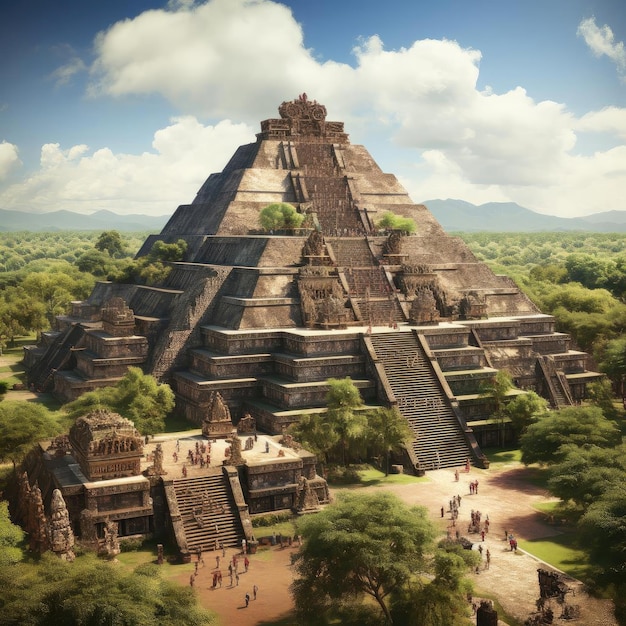 Pirâmide meticulosamente detalhada na selva com arquitetura grandiosa
