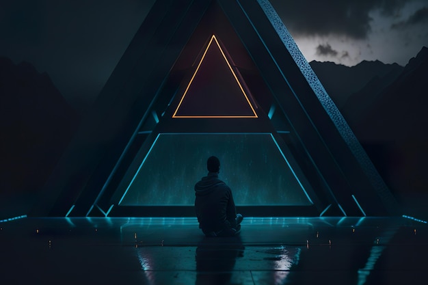 Pirâmide moderna com luzes à noite IA generativa