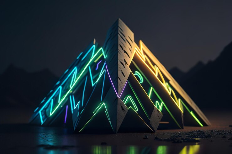 Foto pirámide moderna con luces de noche ia generativa