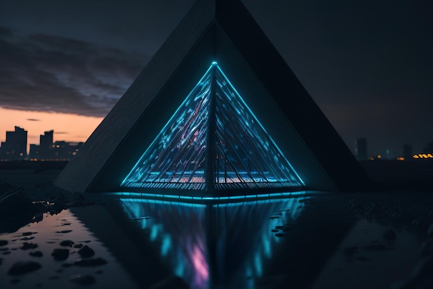 Pirámide moderna con luces de noche IA generativa