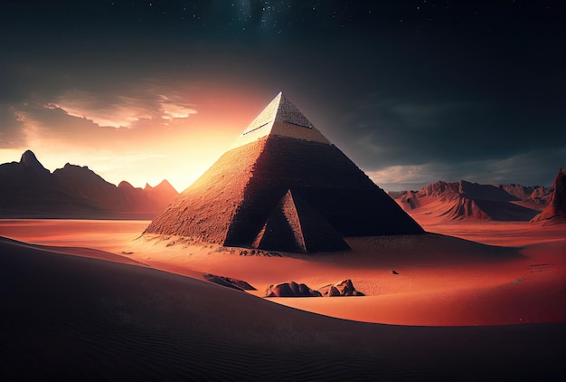 Pirâmide no deserto de dunas de areia e fundo do céu Destino de viagem e conceito de arquitetura Ilustração de arte digital Generative AI