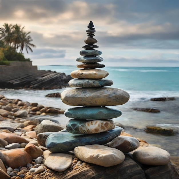 La pirámide de piedra apilada junto al mar