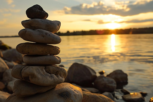 Pirámide de piedras en la orilla del río al atardecer concepto Zen