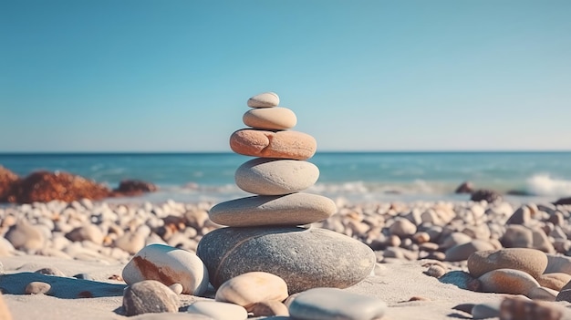 Una pirámide de piedras en la playa en un clima claro y soleado Ai generativo