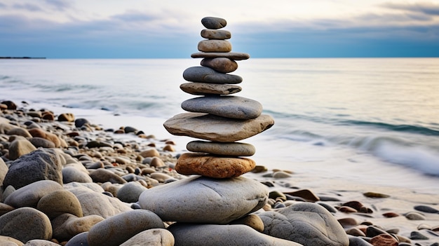 pirámide de piedras en la playa Zen equilibrio armonía