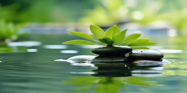 Pirámide de piedras zen en la superficie del agua