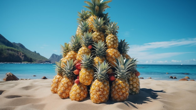 Pirámide de piñas de pie en la arena de la playa