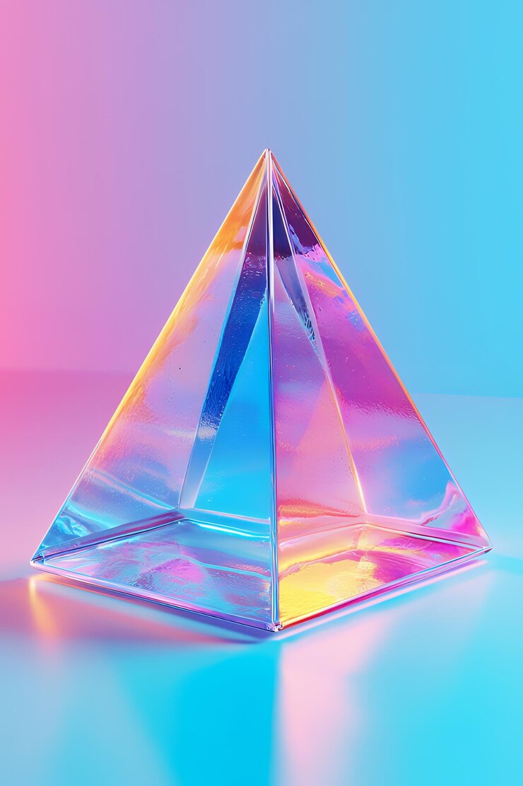 Foto pirámide de vidrio iridescente sobre un fondo vibrante