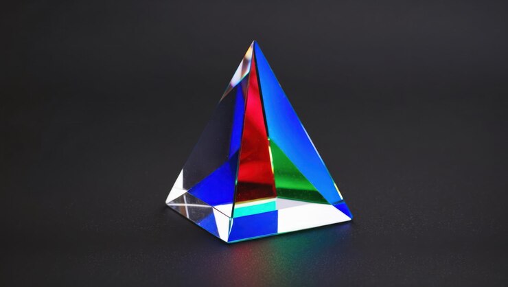 Foto pirámides de cristal de colores que reflejan la luz en una superficie oscura