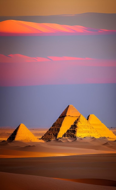 Pirámides en el desierto con un cielo rosa