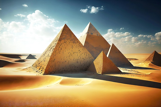 Pirámides egipcias con bordes claros construidas entre desiertos perdidos