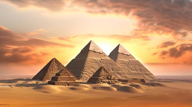 Pirâmides egípcias no deserto ao pôr do sol
