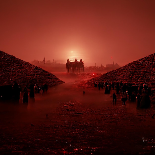 Foto pirámides de egipto con puesta de sol roja