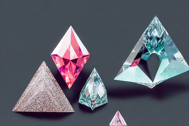 Pirámides facetadas de piedras preciosas sobre fondo de diamante gris oscuro