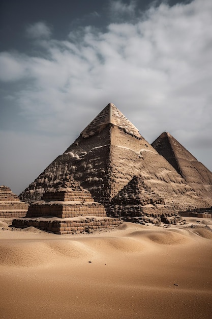 Las pirámides de giza, egipto, con un cielo nublado al fondo.