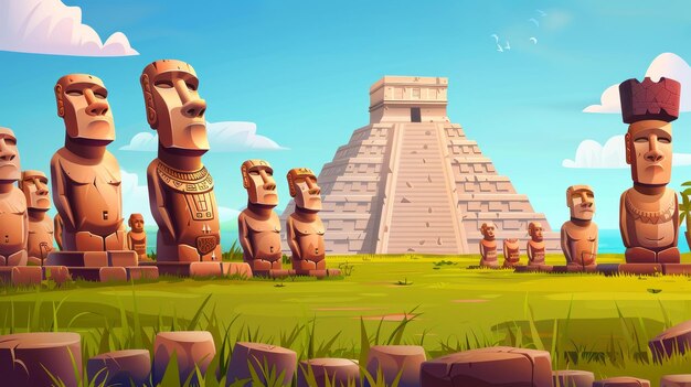 Pirâmides maias antigas e estátuas de moai na Ilha de Páscoa Paisagem de desenho animado retratando marcos sul-americanos Templos de Chichen Itza e Kukulkan Esculturas de pedra em grama verde