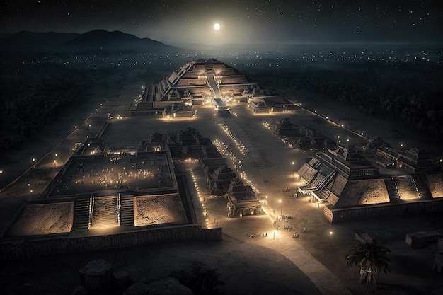 Pirámides de Maya en Teotihuacan por la noche vista de fantasía de edificios antiguos IA generativa