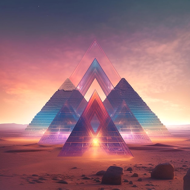 Las pirámides se muestran de pie en un desierto.