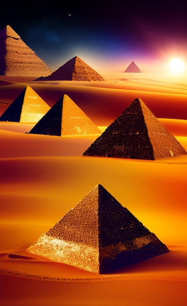 Pirâmides no deserto com o sol brilhando sobre elas.