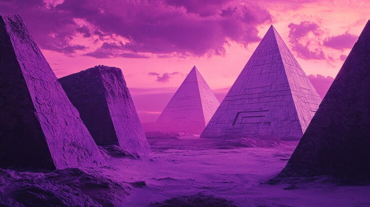 Pirámides púrpuras bajo un cielo rosado al atardecer