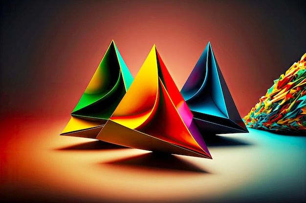 Pirámides de tres lados de diferentes colores en movimiento sobre fondo multicolor d abstracto