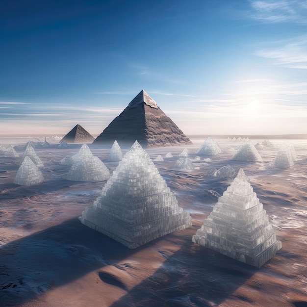 Las pirámides se ven en el desierto, con el sol poniéndose detrás de ellas.