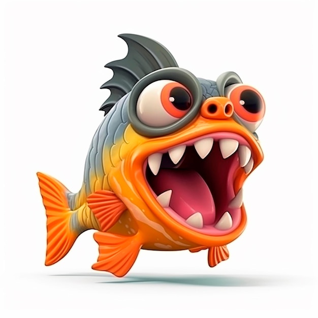 Piranha depredadora de dientes aterradores dibujos animados divertidos en 3D con fondo blanco