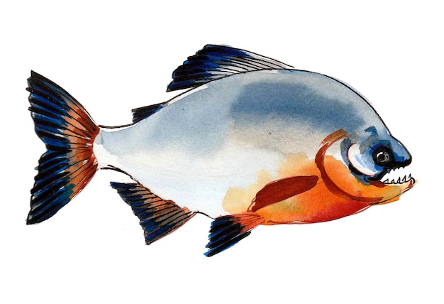 Piranha-Fische. Tusche- und Aquarellzeichnung