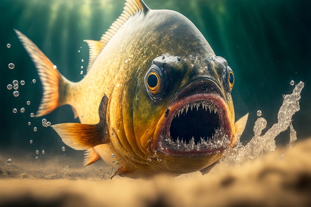 Piranha subaquática caça agressiva e atacando predador Generative AI