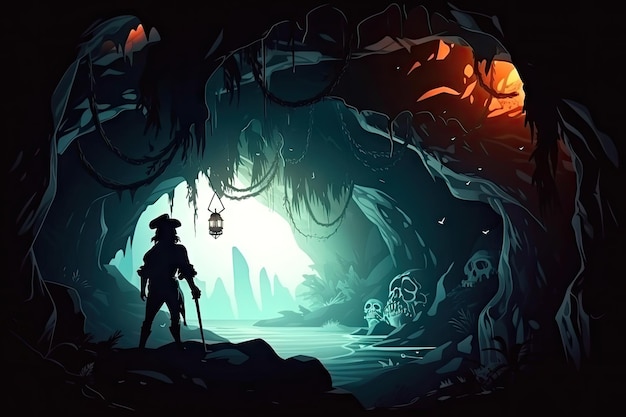 Pirat erkundet versteckte Höhle auf tropischer Insel mit Schatz und Skelett im Schatten