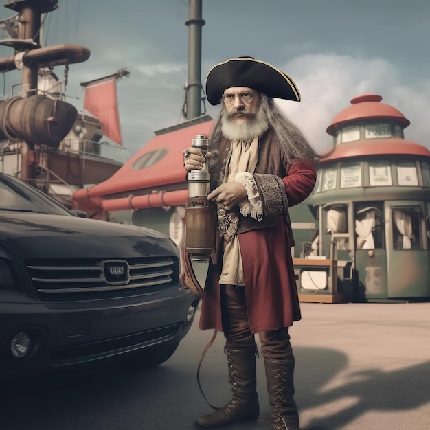 un pirata del año 1567 se para en 2021 en una gasolinera y está cargando su coche eléctrico