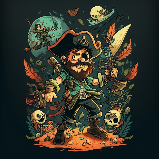 Pirata con barba y un cabello de barba sosteniendo una espada y un cráneo generativo ai