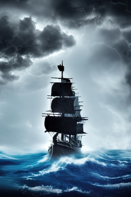 Pirata en un barco que navega en el cielo oscuro del mar es azul oscuro y llegan nubes y tormentas