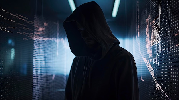 Un pirata cibernético masculino en una habitación oscura con capucha negra y fondo azul