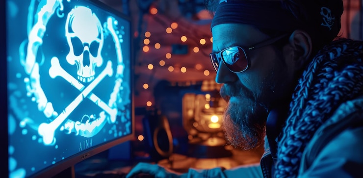 Foto pirata cibernético trabajando tarde en la noche frente a una computadora